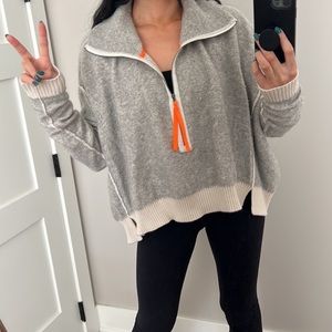 free people gray quarter zip oversized sweatshirt orange zipper size small